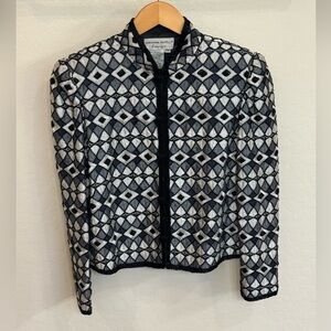 Adrianna Papell Black & White Geometric Open-Front Evening Beaded Jacket